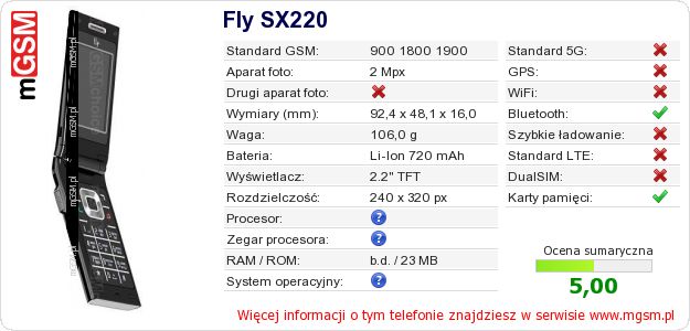 Dane telefonu Fly SX220 Dane telefonu Fly SX220