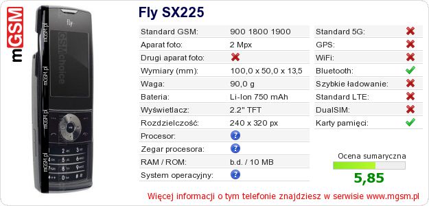 Dane telefonu Fly SX225 Dane telefonu Fly SX225
