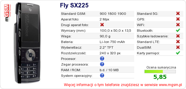Dane telefonu Fly SX225 Dane telefonu Fly SX225