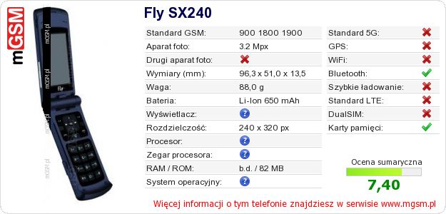 Dane telefonu Fly SX240
