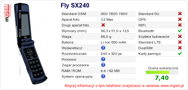 Dane telefonu Fly SX240