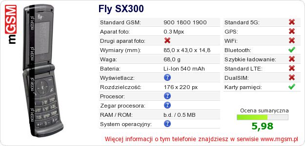 Dane telefonu Fly SX300 Dane telefonu Fly SX300