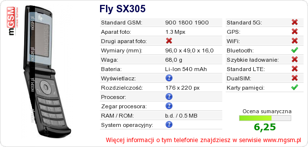 Dane telefonu Fly SX305 Dane telefonu Fly SX305