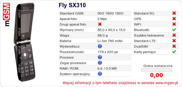 Dane telefonu Fly SX310