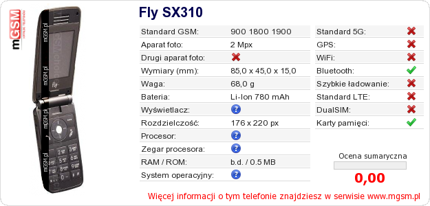 Dane telefonu Fly SX310 Dane telefonu Fly SX310
