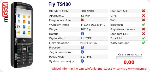 Dane telefonu Fly TS100