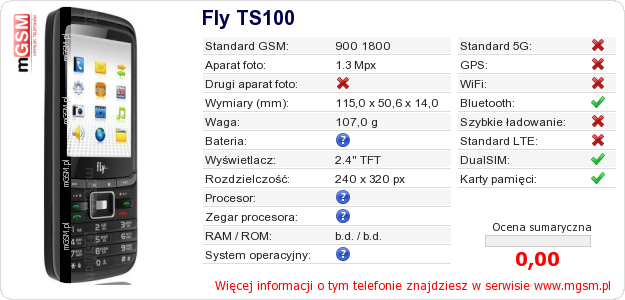 Dane telefonu Fly TS100