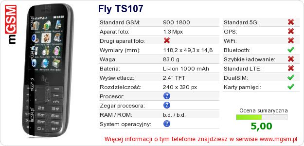 Dane telefonu Fly TS107 Dane telefonu Fly TS107