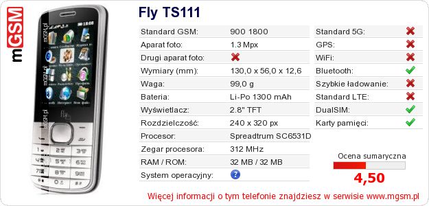 Dane telefonu Fly TS111 Dane telefonu Fly TS111