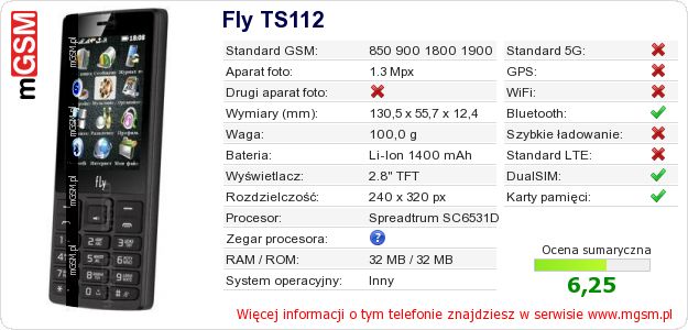 Dane telefonu Fly TS112 Dane telefonu Fly TS112