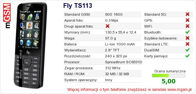 Dane telefonu Fly TS113 Dane telefonu Fly TS113