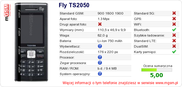 Dane telefonu Fly TS2050 Dane telefonu Fly TS2050