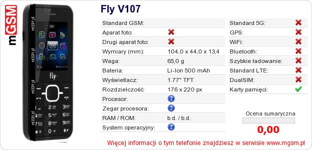 Dane telefonu Fly V107