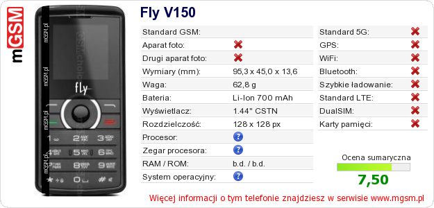 Dane telefonu Fly V150