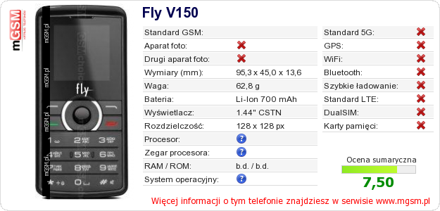 Dane telefonu Fly V150