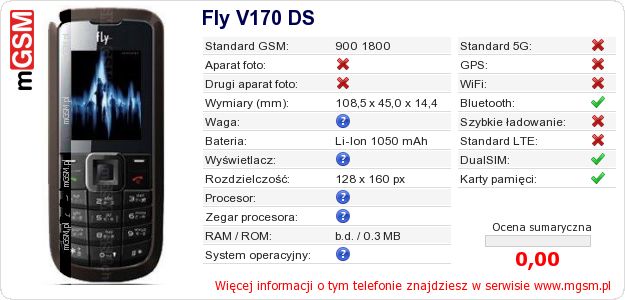 Dane telefonu Fly V170 DS