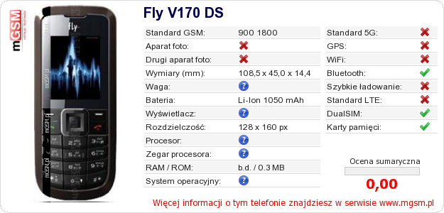 Dane telefonu Fly V170 DS