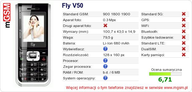 Dane telefonu Fly V50