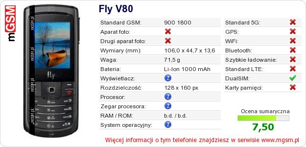 Dane telefonu Fly V80