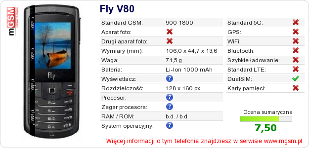 Dane telefonu Fly V80