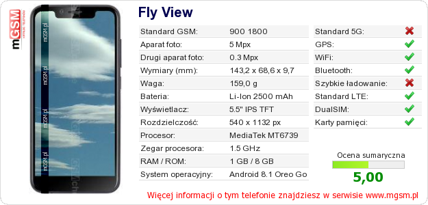 Dane telefonu Fly View