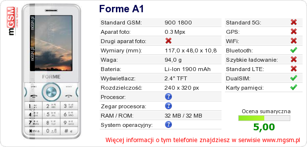 Dane telefonu Forme A1