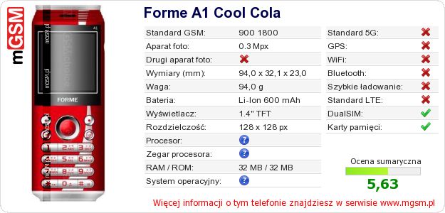 Dane telefonu Forme A1 Cool Cola