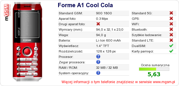 Dane telefonu Forme A1 Cool Cola