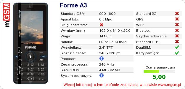 Dane telefonu Forme A3 Dane telefonu Forme A3