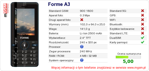 Dane telefonu Forme A3 Dane telefonu Forme A3