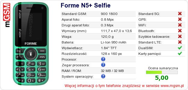 Dane telefonu Forme N5+ Selfie