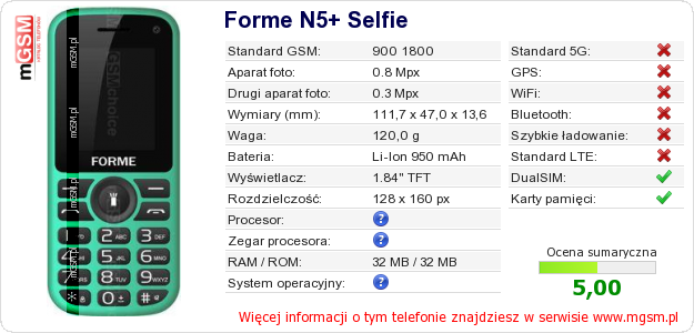 Dane telefonu Forme N5+ Selfie