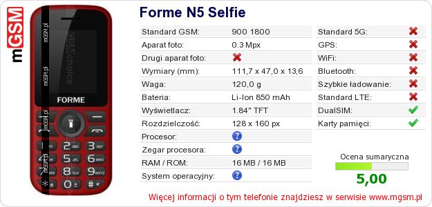 Dane telefonu Forme N5 Selfie Dane telefonu Forme N5 Selfie