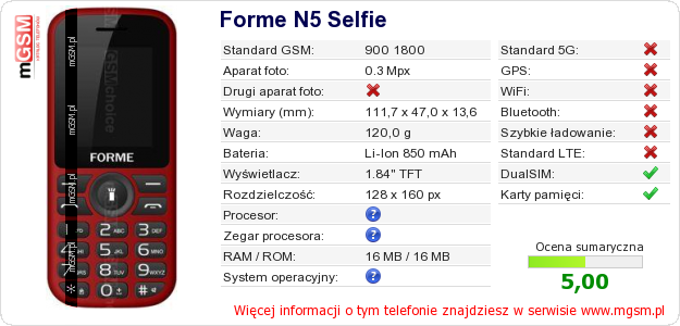 Dane telefonu Forme N5 Selfie