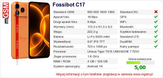 Dane telefonu Fossibot C17 Dane telefonu Fossibot C17