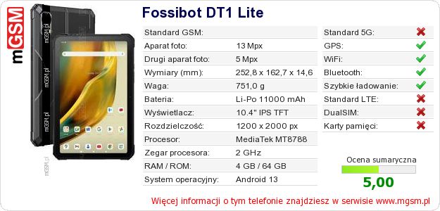 Dane telefonu Fossibot DT1 Lite