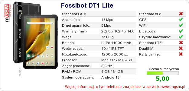 Dane telefonu Fossibot DT1 Lite