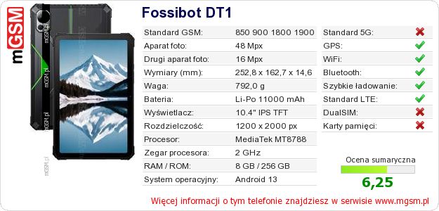 Dane telefonu Fossibot DT1 Dane telefonu Fossibot DT1