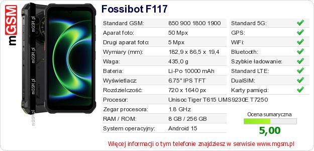 Dane telefonu Fossibot F117