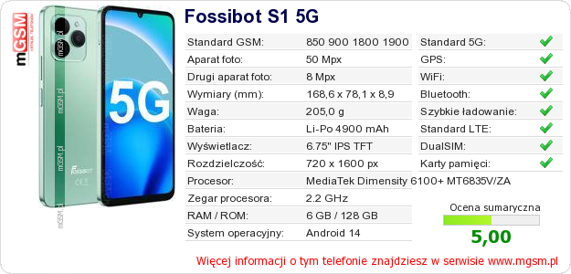 Dane telefonu Fossibot S1 5G Dane telefonu Fossibot S1 5G
