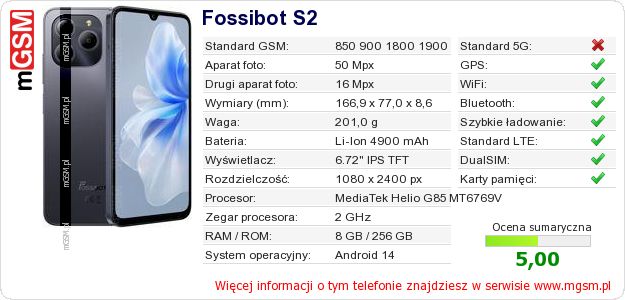 Dane telefonu Fossibot S2 Dane telefonu Fossibot S2