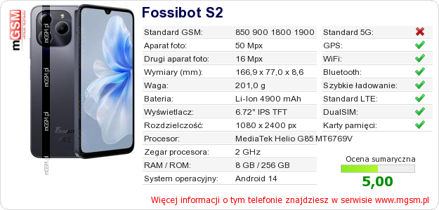 Dane telefonu Fossibot S2