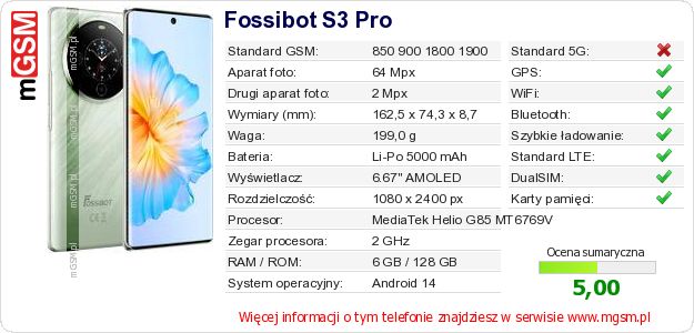 Dane telefonu Fossibot S3 Pro Dane telefonu Fossibot S3 Pro