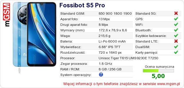 Dane telefonu Fossibot S5 Pro Dane telefonu Fossibot S5 Pro
