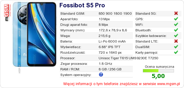 Dane telefonu Fossibot S5 Pro