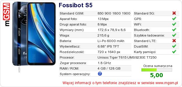 Dane telefonu Fossibot S5