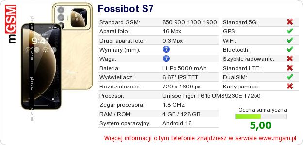 Dane telefonu Fossibot S7 Dane telefonu Fossibot S7