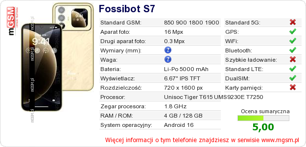 Dane telefonu Fossibot S7