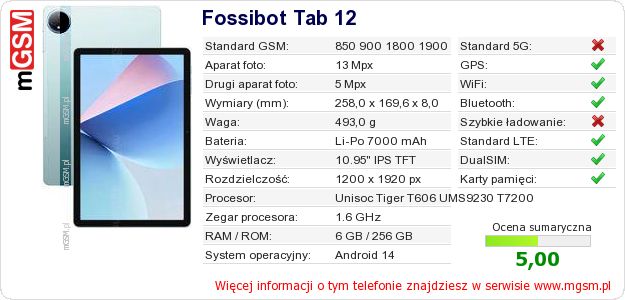 Dane telefonu Fossibot Tab 12 Dane telefonu Fossibot Tab 12