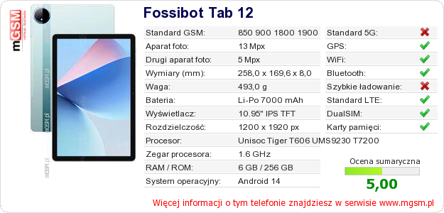 Dane telefonu Fossibot Tab 12 Dane telefonu Fossibot Tab 12